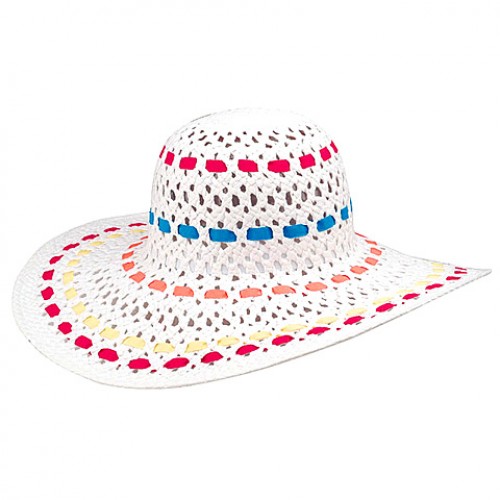 Wide Brim Toyo Straw Accent w/ Colorful Ribbons - White - HT-8213WT